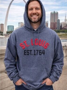 Gildan Blue Pullover Hoodie with Red & Black St. Louis Print